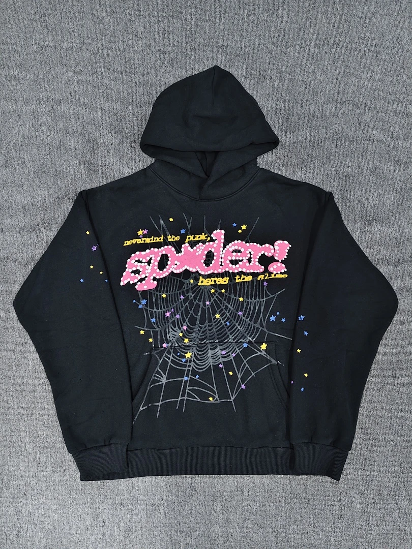 Sp5der 555555 Web Puff Print Hoodie – Black/Pink — size S