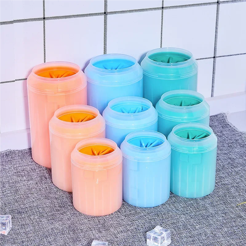 Paw cleaner cups in three sizes and colors (kit includes blue)